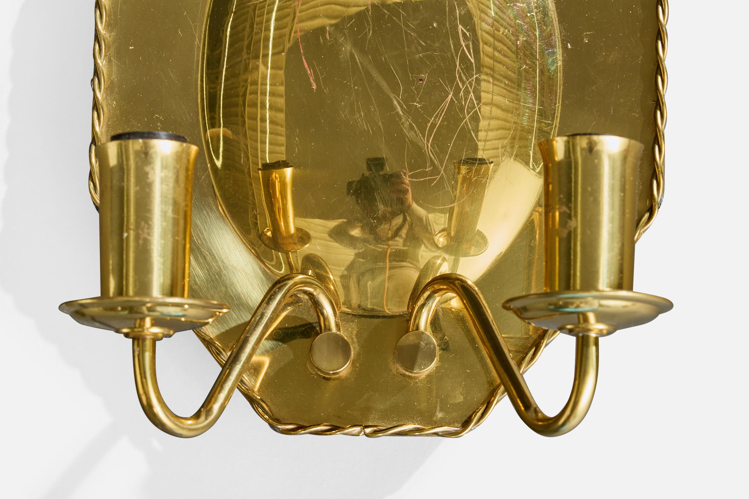 Diseñador sueco, apliques de pared, latón, tela, Suecia, década de 1940 en venta 2