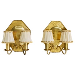 Swedish Designer, Wall Lights, Brass, Fabric, Sweden, 1940s
