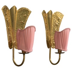 Swedish Designer, Wall Lights, Brass, Fabric, Sweden, 1940s