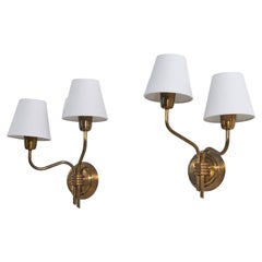 Swedish Designer, Wall Lights, Brass, Fabric, Sweden, 1940s