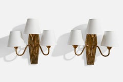 Swedish Designer, Wall Lights, Brass, Fabric, Sweden, 1950s