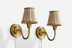 Swedish Designer, Wall Lights, Brass, Fabric, Sweden, 1950s