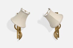 Swedish Designer, Wall Lights, Brass, Fabric, Sweden, 1950s