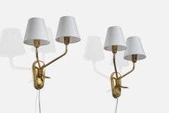 Schwedischer Designer, Wandleuchten, Messing, Stoff, Schweden, 1950er Jahre