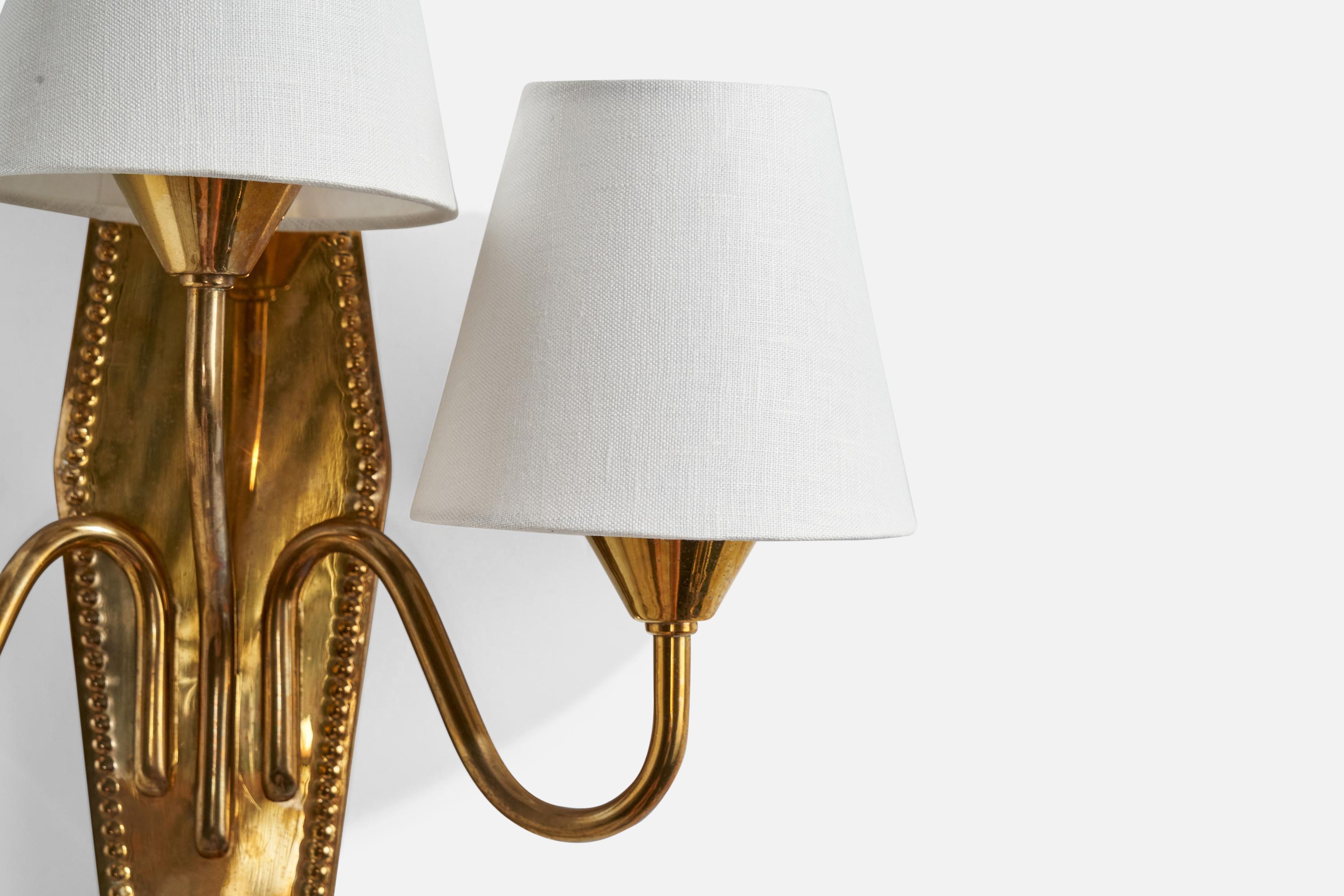 Designer suédois, Lights murales, laiton, tissu, Suède, années 1950 en vente 2