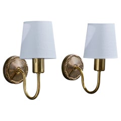 Schwedischer Designer, Wandleuchten, Messing, Stoff, Schweden, 1950er Jahre