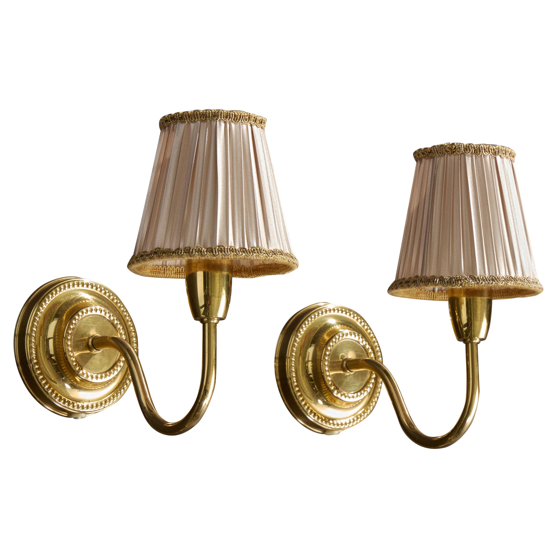 Swedish Designer, Wall Lights, Brass, Fabric, Sweden, 1950s For Sale