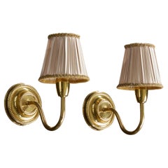 Swedish Designer, Wall Lights, Brass, Fabric, Sweden, 1950s