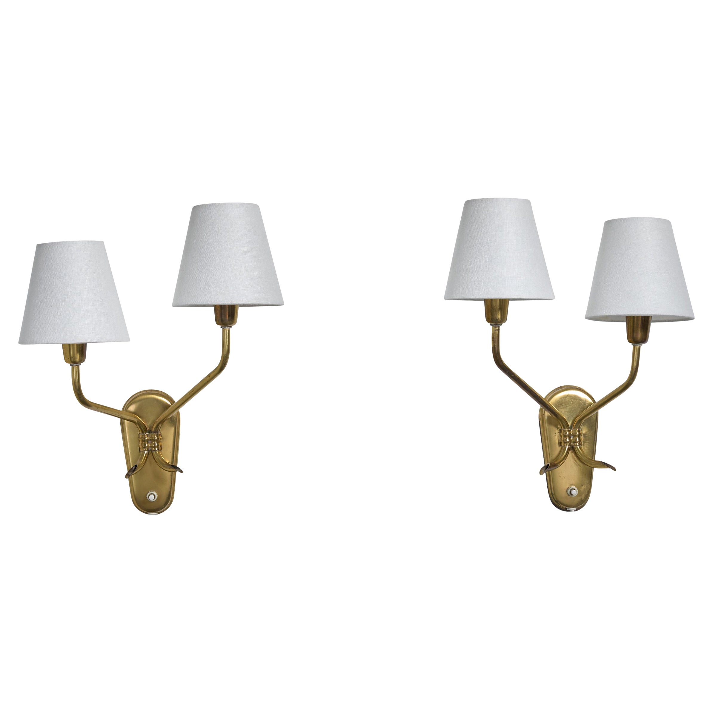 Swedish Designer, Wall Lights, Brass, Fabric, Sweden, 1950s