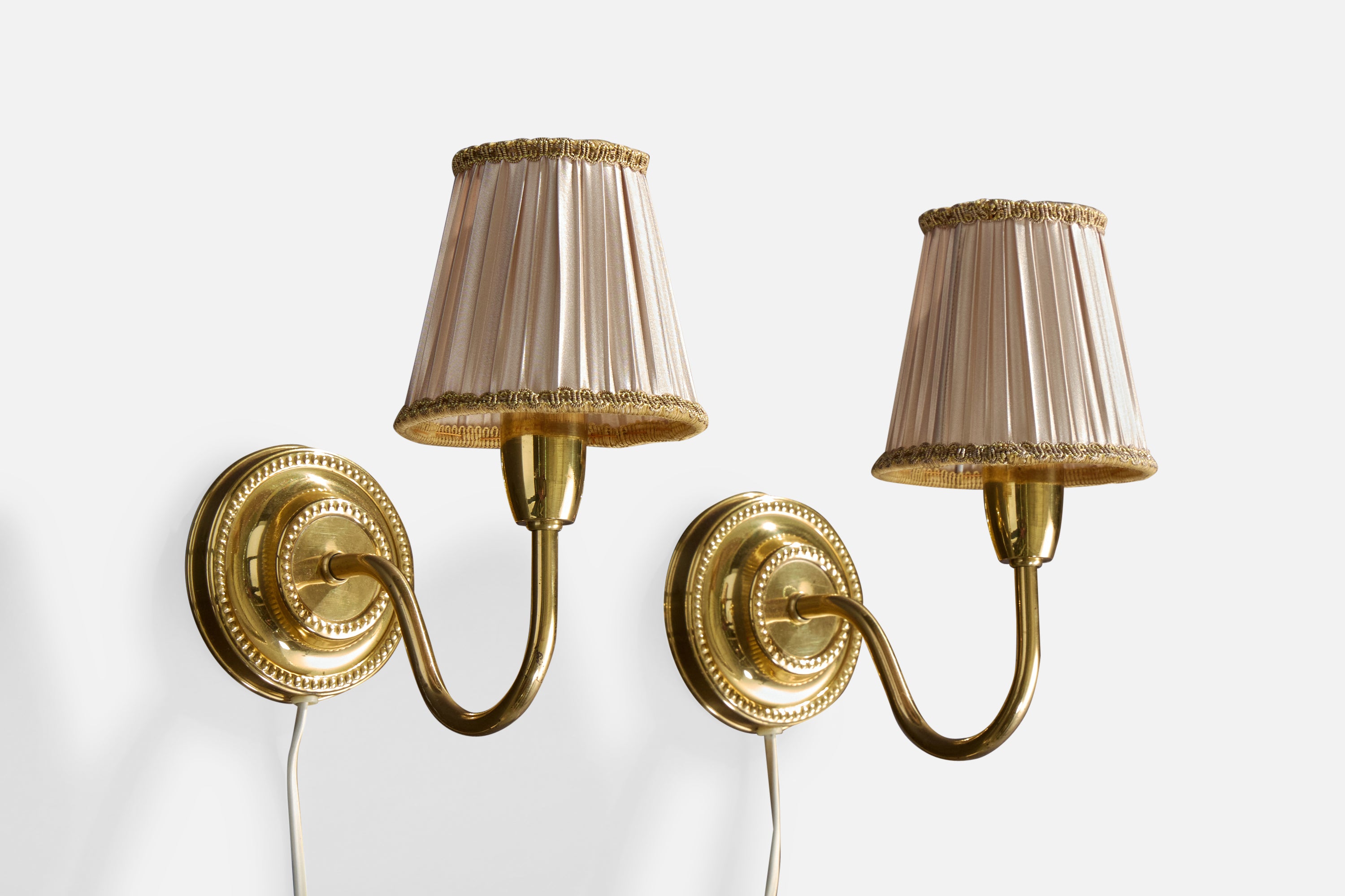 Swedish Designer, Wall Lights, Brass, Fabric, Sweden, 1950s
