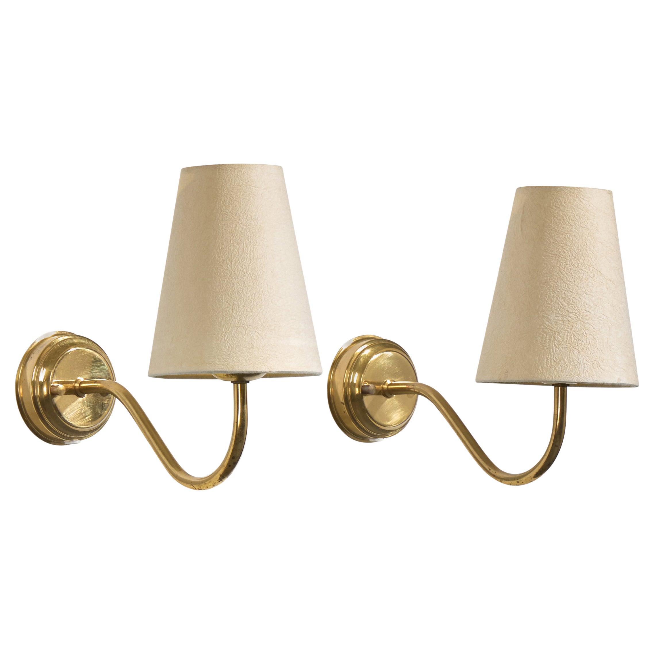 Swedish Designer, Wall Lights, Brass, Fabric, Sweden, 1960s