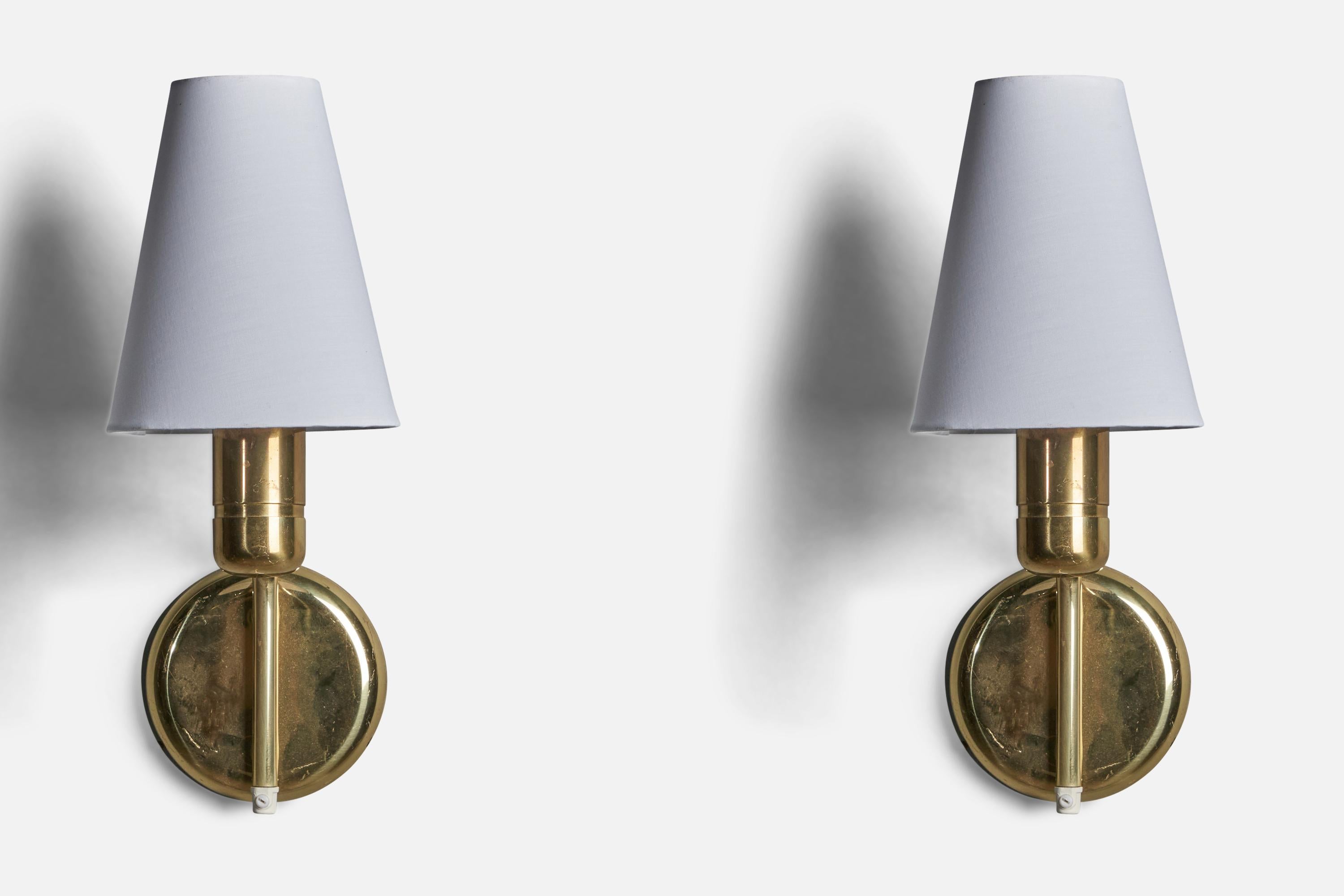 Post-Modern Swedish Designer, Wall Lights, Brass, Fabric, Sweden, 1970s