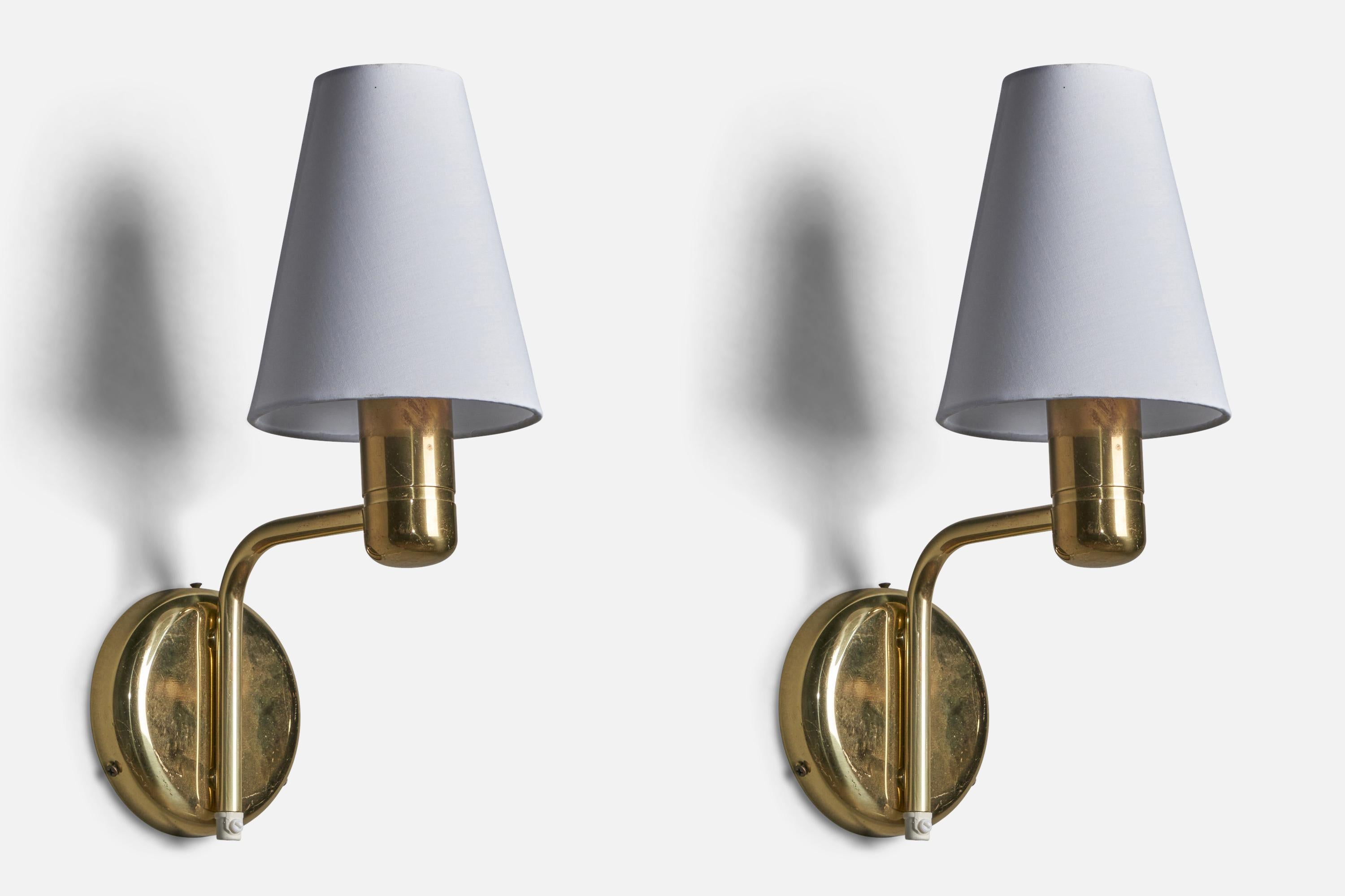 European Swedish Designer, Wall Lights, Brass, Fabric, Sweden, 1970s