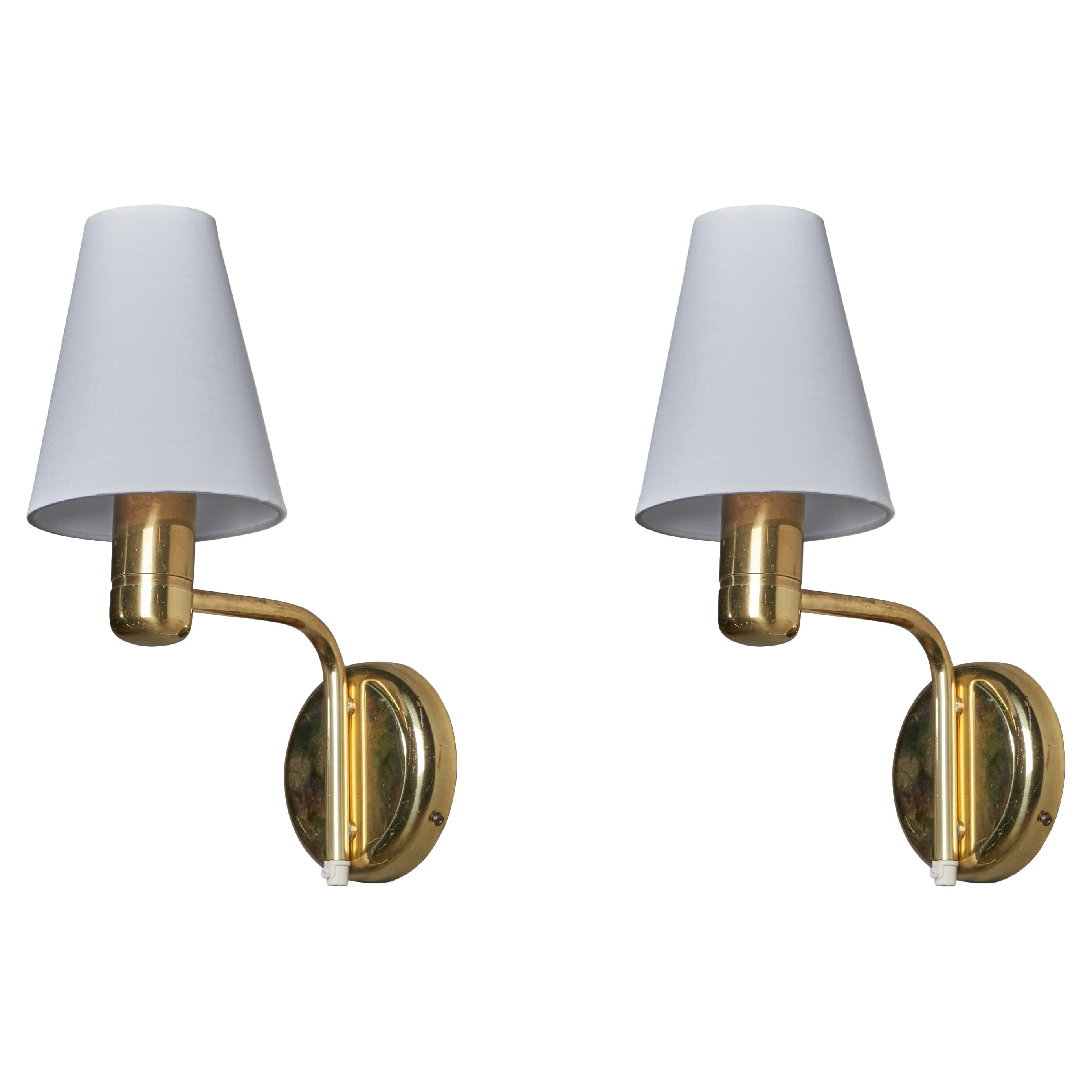 Swedish Designer, Wall Lights, Brass, Fabric, Sweden, 1970s