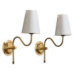 Swedish Designer, Wall Lights, Brass, Fabric, Sweden, 1970s