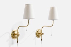 Swedish Designer, Wall Lights, Brass, Fabric, Sweden, 1980s