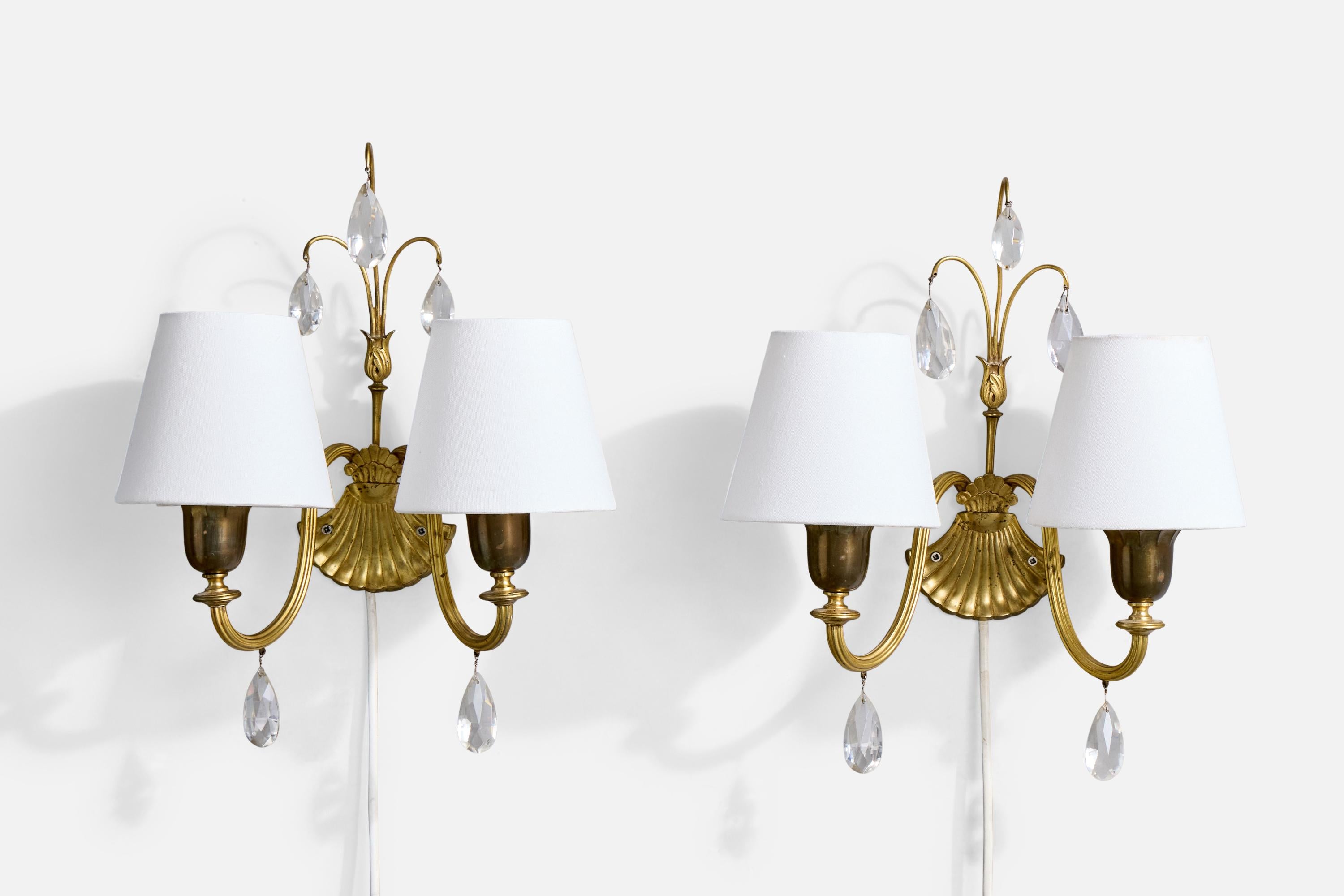 Scandinavian Modern Swedish Designer, Wall Lights, Brass, Glass, Fabric, Sweden, 1940s For Sale