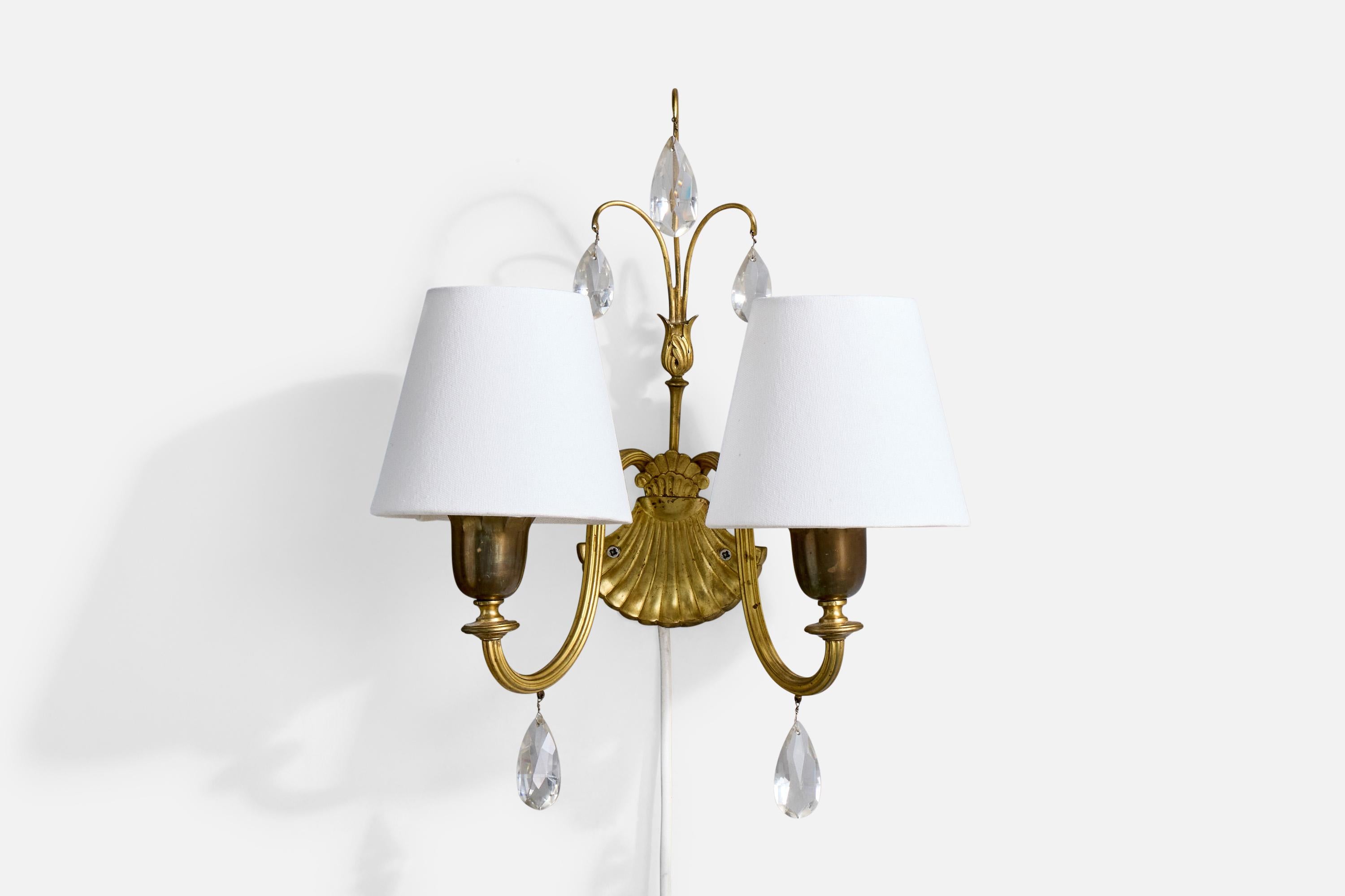 Swedish Designer, Wall Lights, Brass, Glass, Fabric, Sweden, 1940s In Good Condition For Sale In High Point, NC