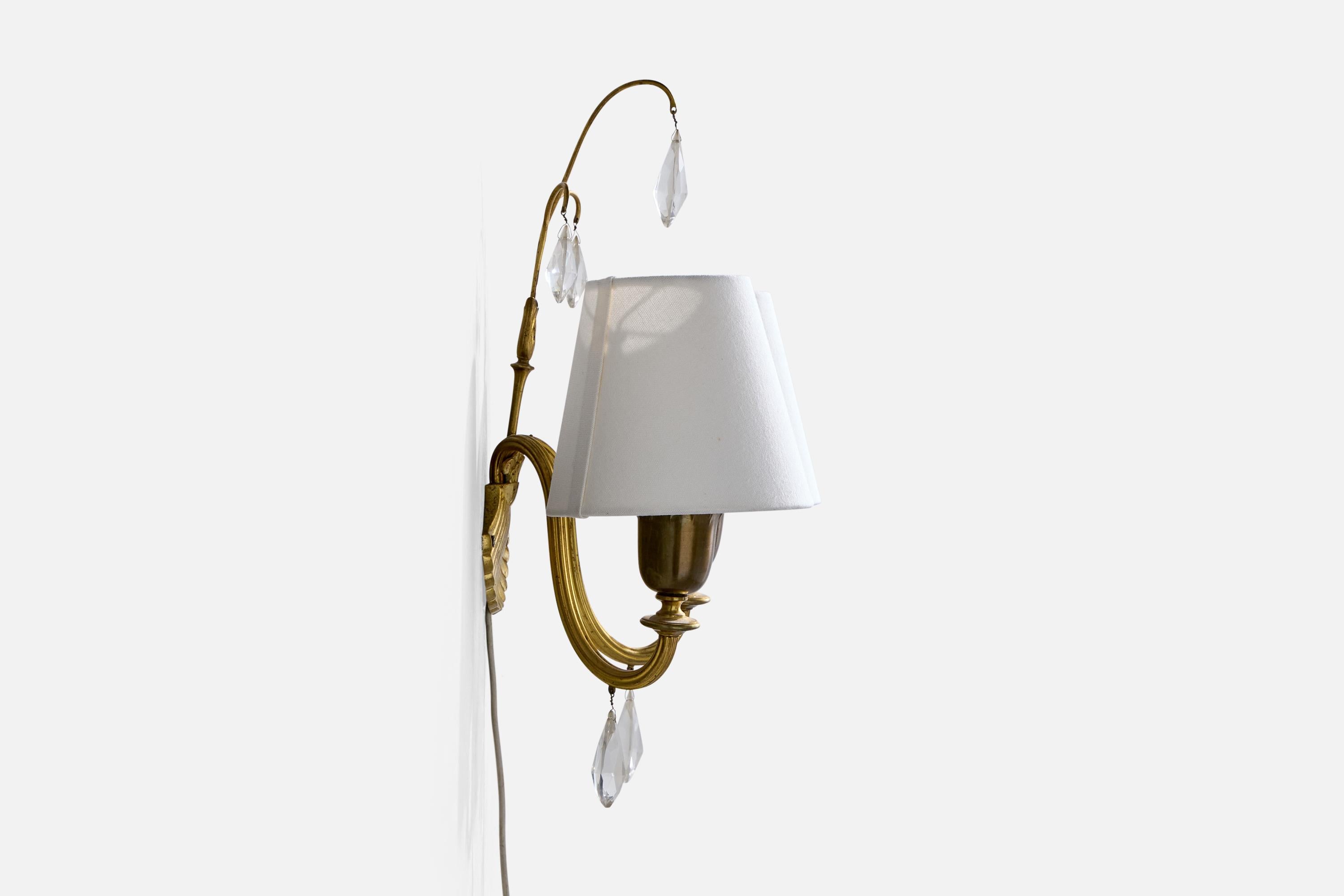 Mid-20th Century Swedish Designer, Wall Lights, Brass, Glass, Fabric, Sweden, 1940s For Sale