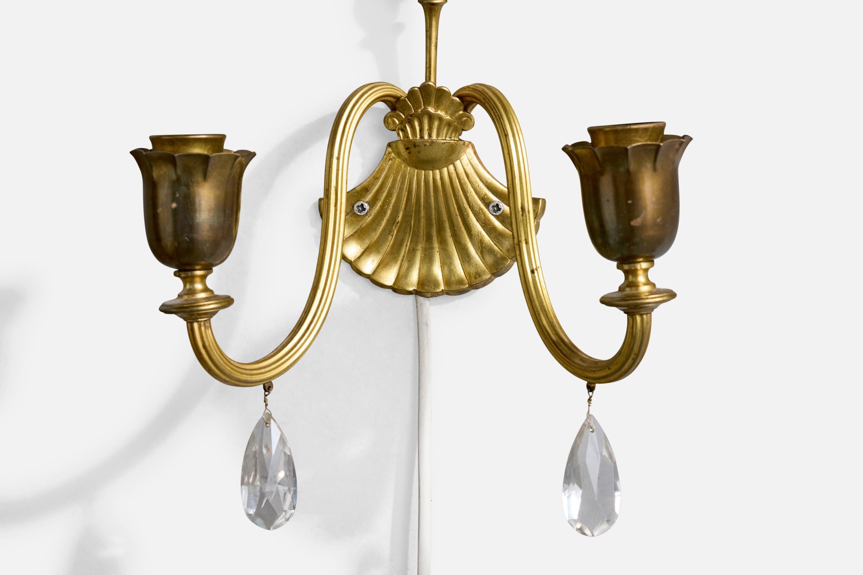 Swedish Designer, Wall Lights, Brass, Glass, Fabric, Sweden, 1940s For Sale 1