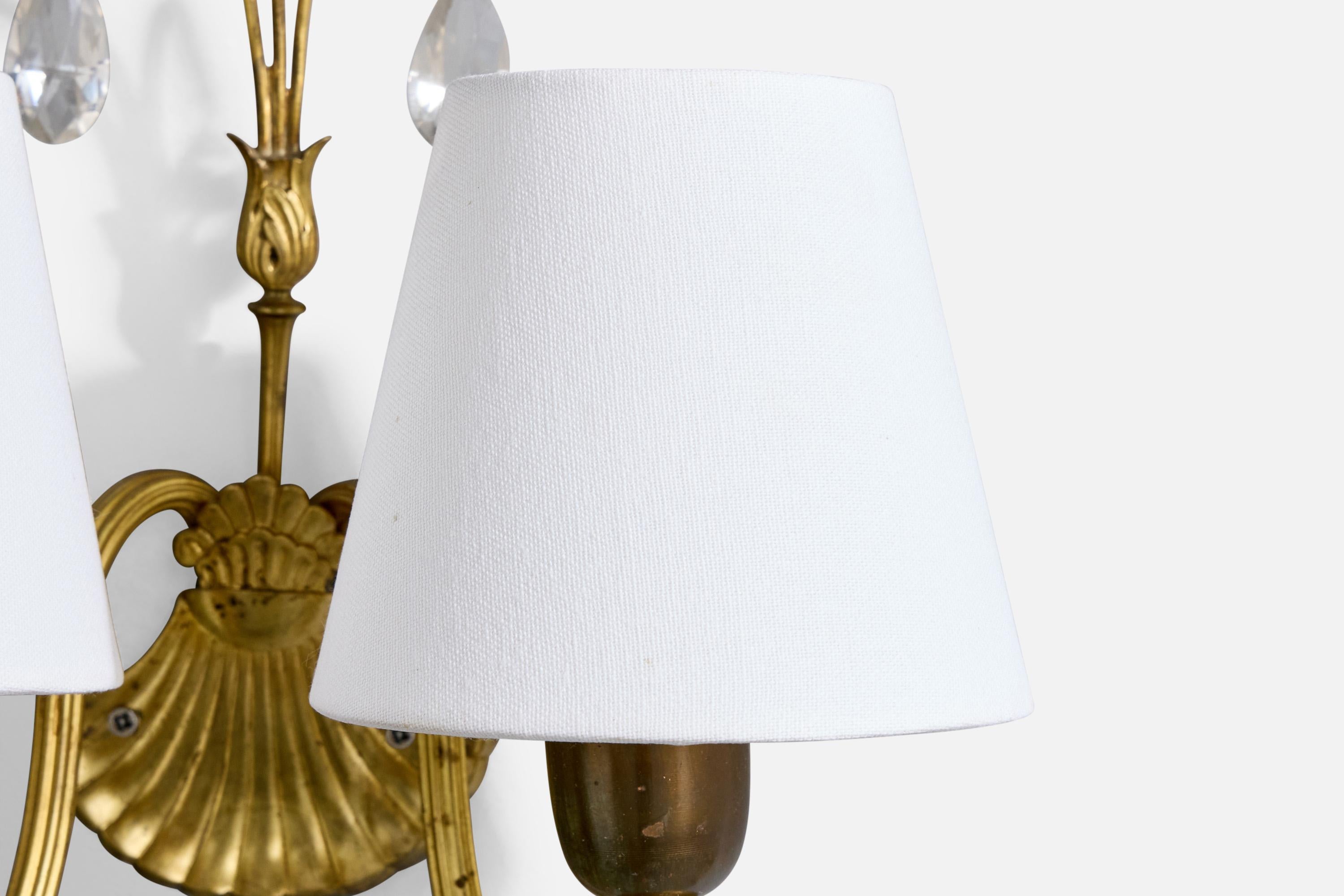 Swedish Designer, Wall Lights, Brass, Glass, Fabric, Sweden, 1940s For Sale 3