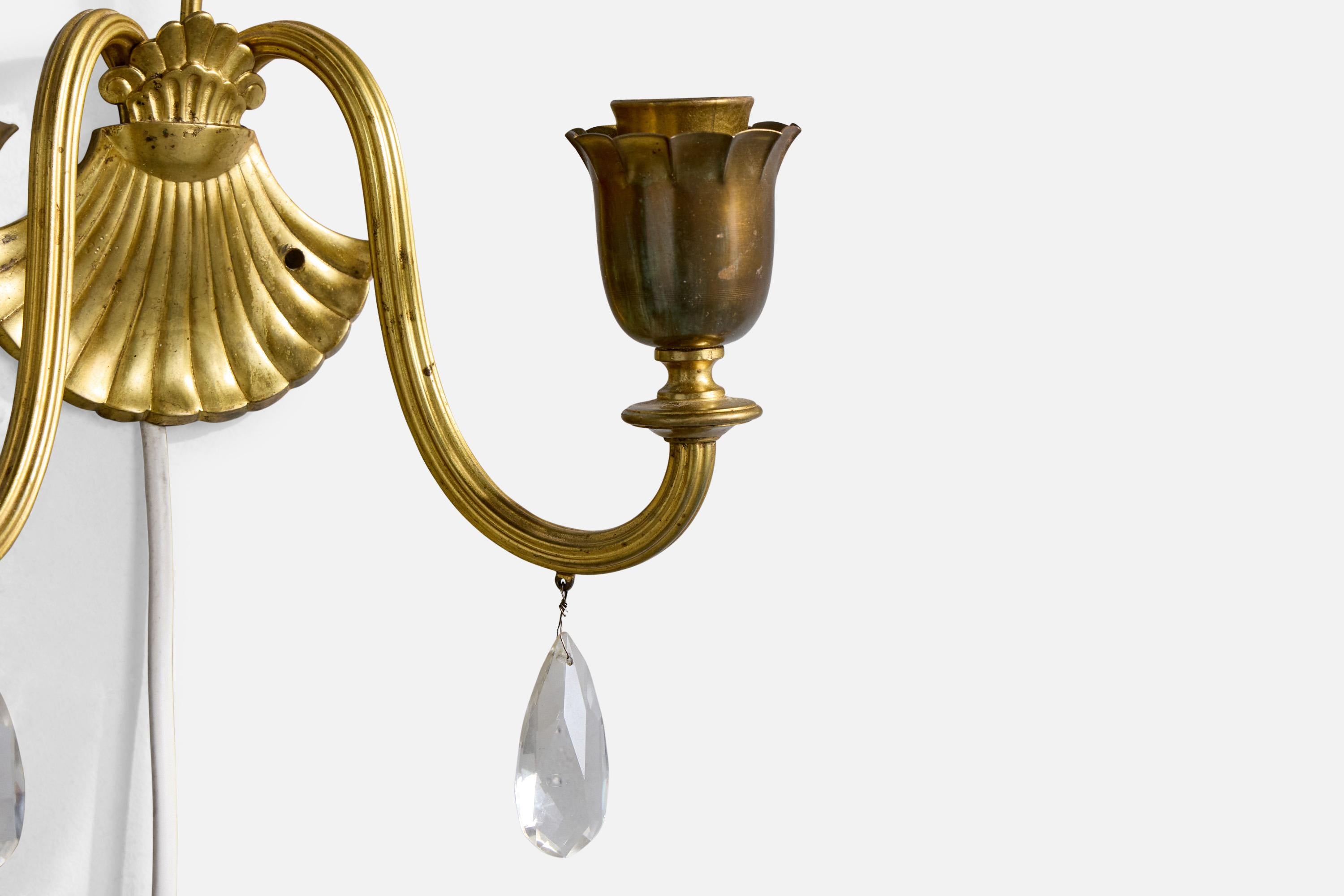 Swedish Designer, Wall Lights, Brass, Glass, Fabric, Sweden, 1940s For Sale 4