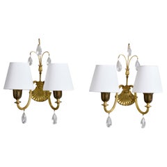 Swedish Designer, Wall Lights, Brass, Glass, Fabric, Sweden, 1940s