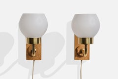 Swedish Designer, Wall Lights, Brass, Glass, Oak, Sweden, 1960s