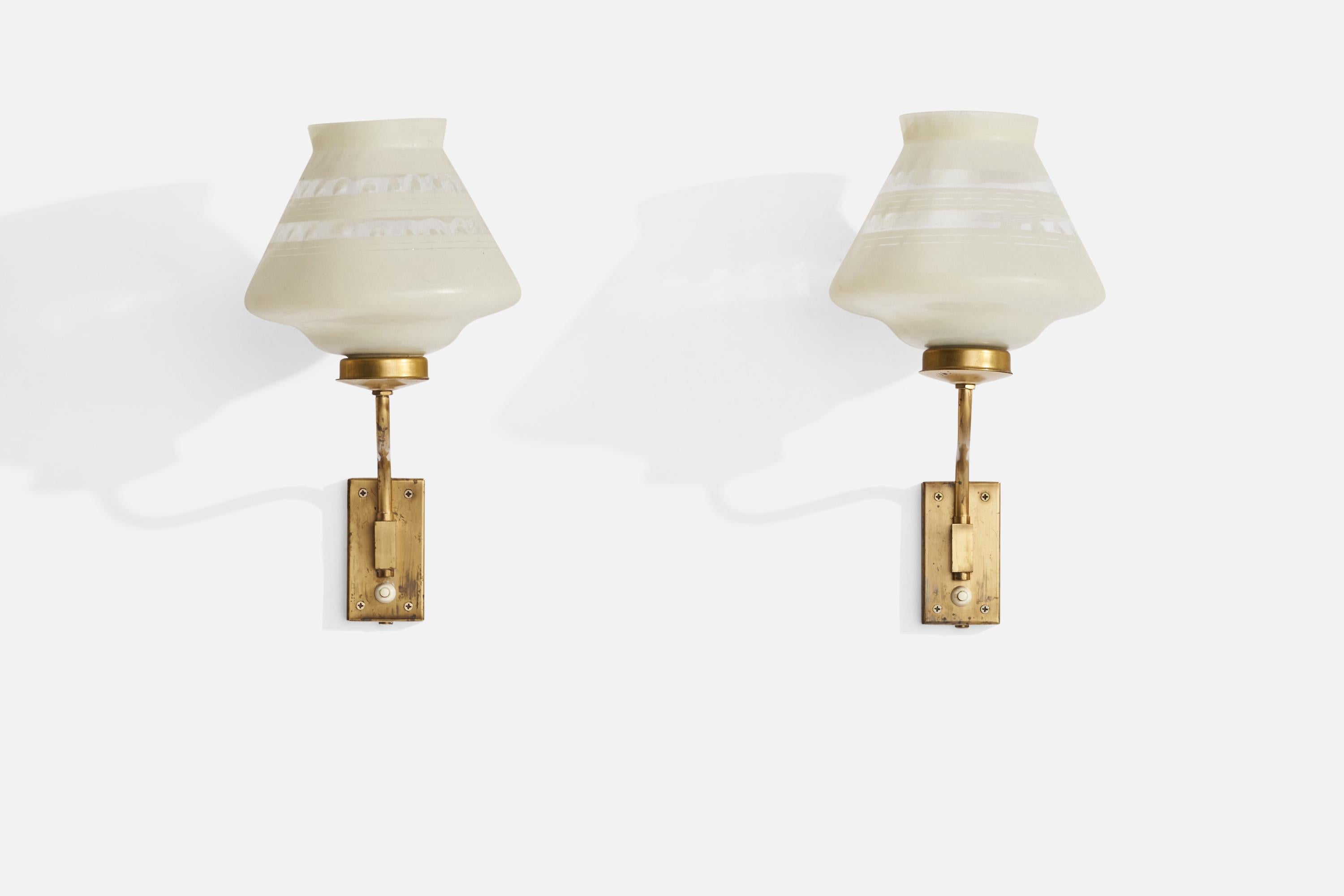 A brass and etched glass wall lights designed and produced in Sweden, 1940s.
Modifications to back-plates with removed brass.
Overall Dimensions (inches): 14” H x 9.5” W x 9.5” D
Back Plate Dimensions (inches): 4” H x 2.25”  W x .75” D
Bulb
