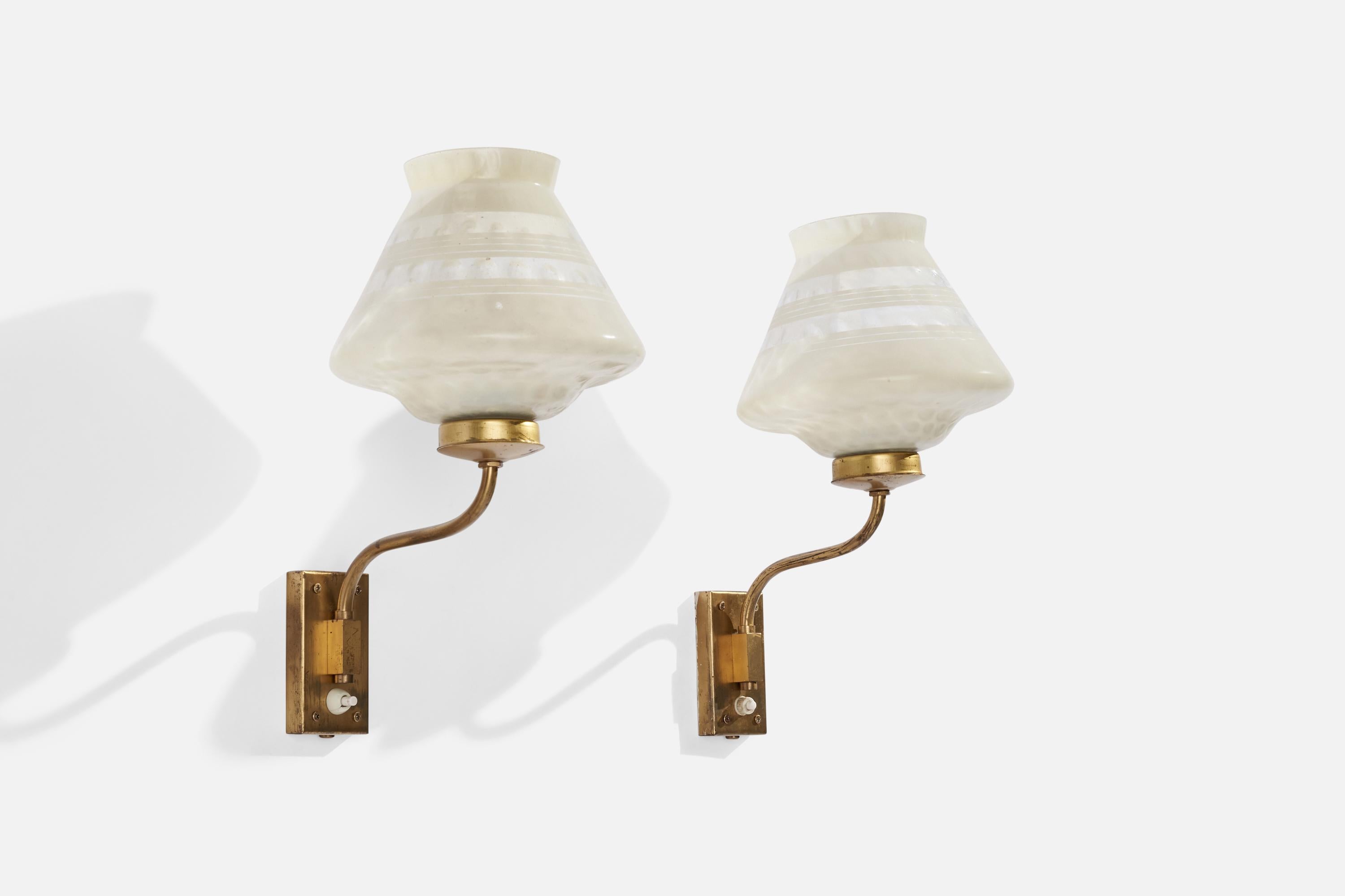 A pair of brass and etched glass wall lights designed and produced in Sweden, 1940s.

Overall Dimensions (inches): 14.5” H x 8” W x 11