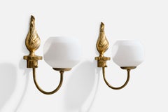 Swedish Designer, Wall Lights, Brass, Glass, Sweden, 1940s