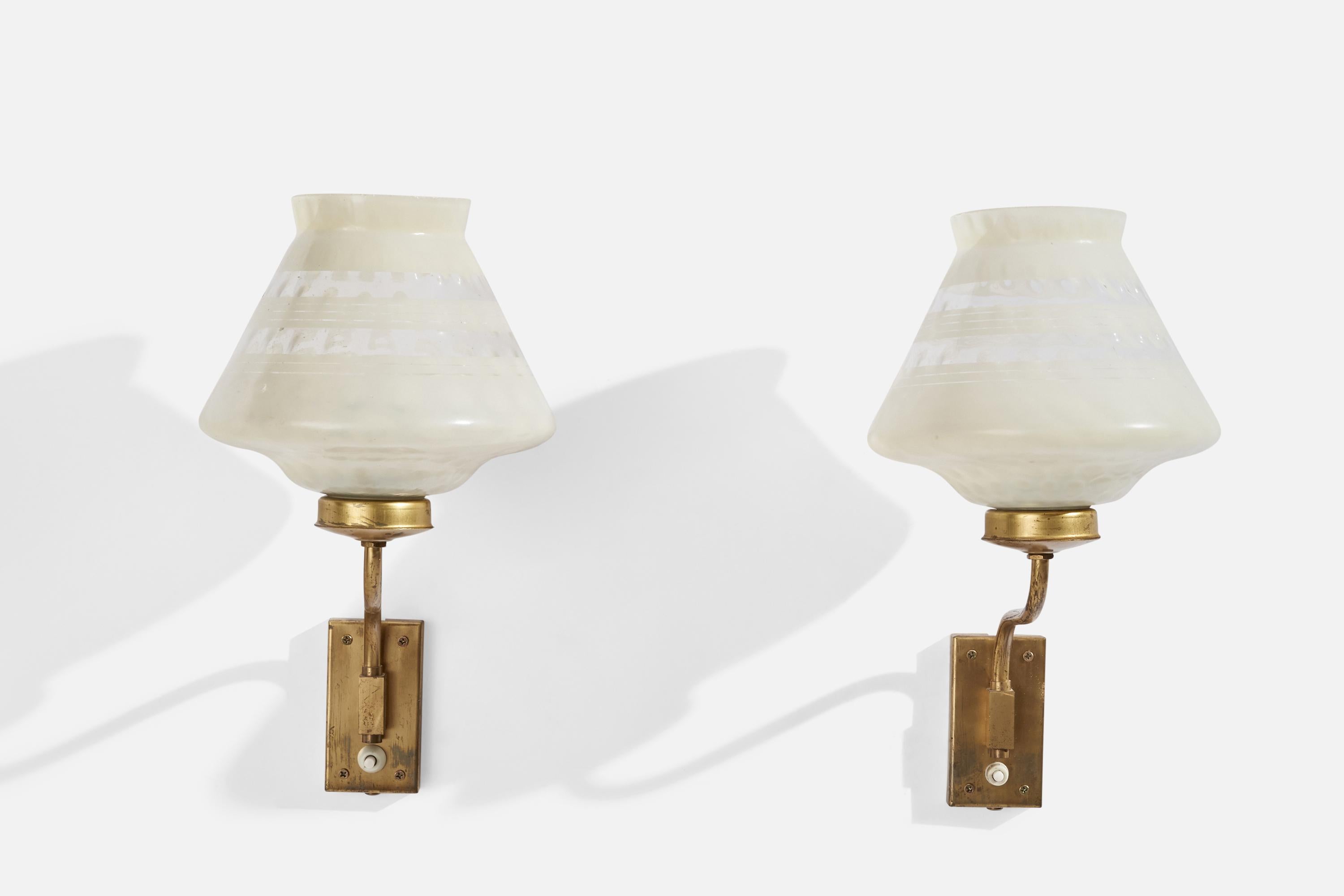 Scandinavian Modern Swedish Designer, Wall Lights, Brass, Glass, Sweden, 1940s For Sale