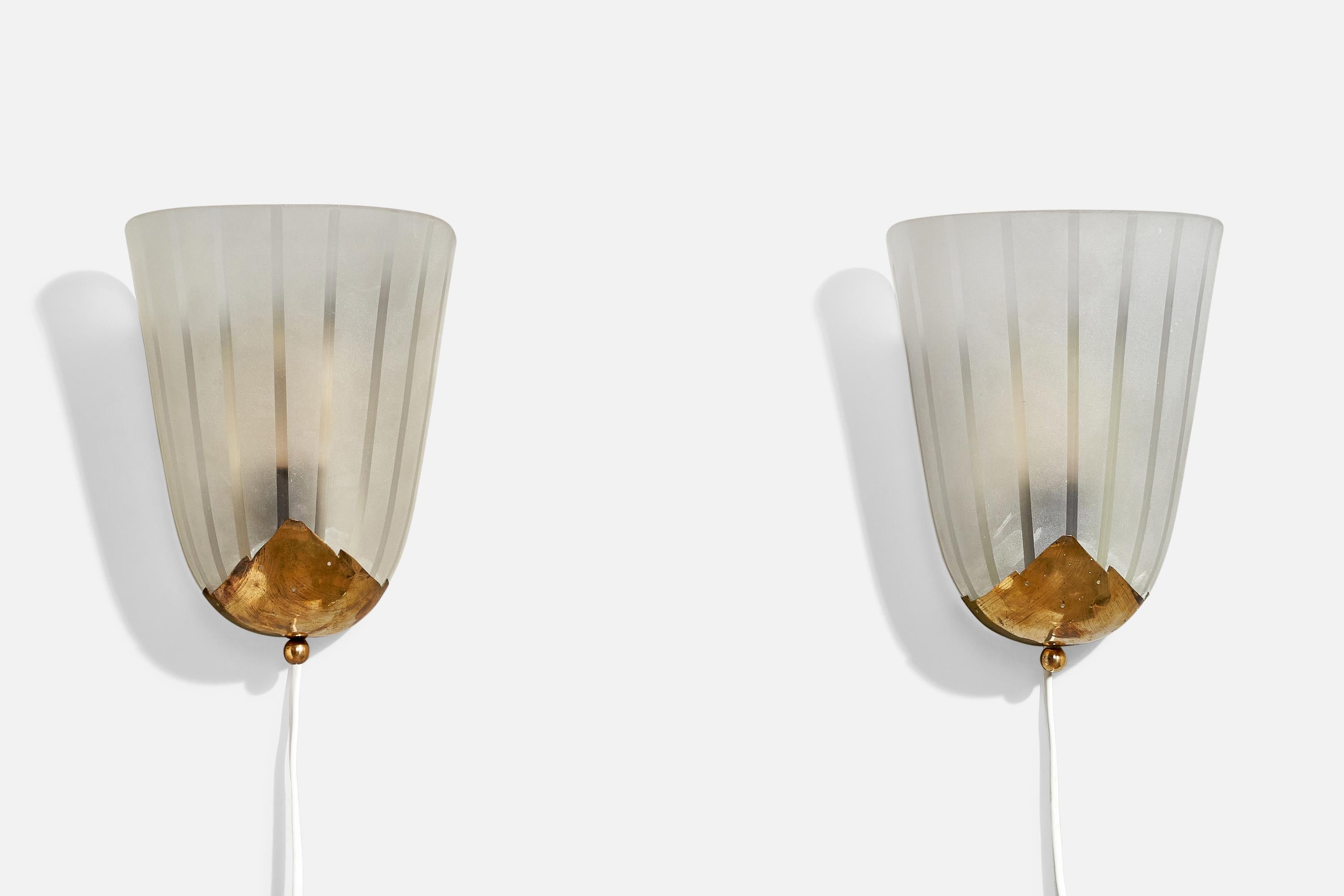 Scandinavian Modern Swedish Designer, Wall Lights, Brass, Glass, Sweden, 1940s