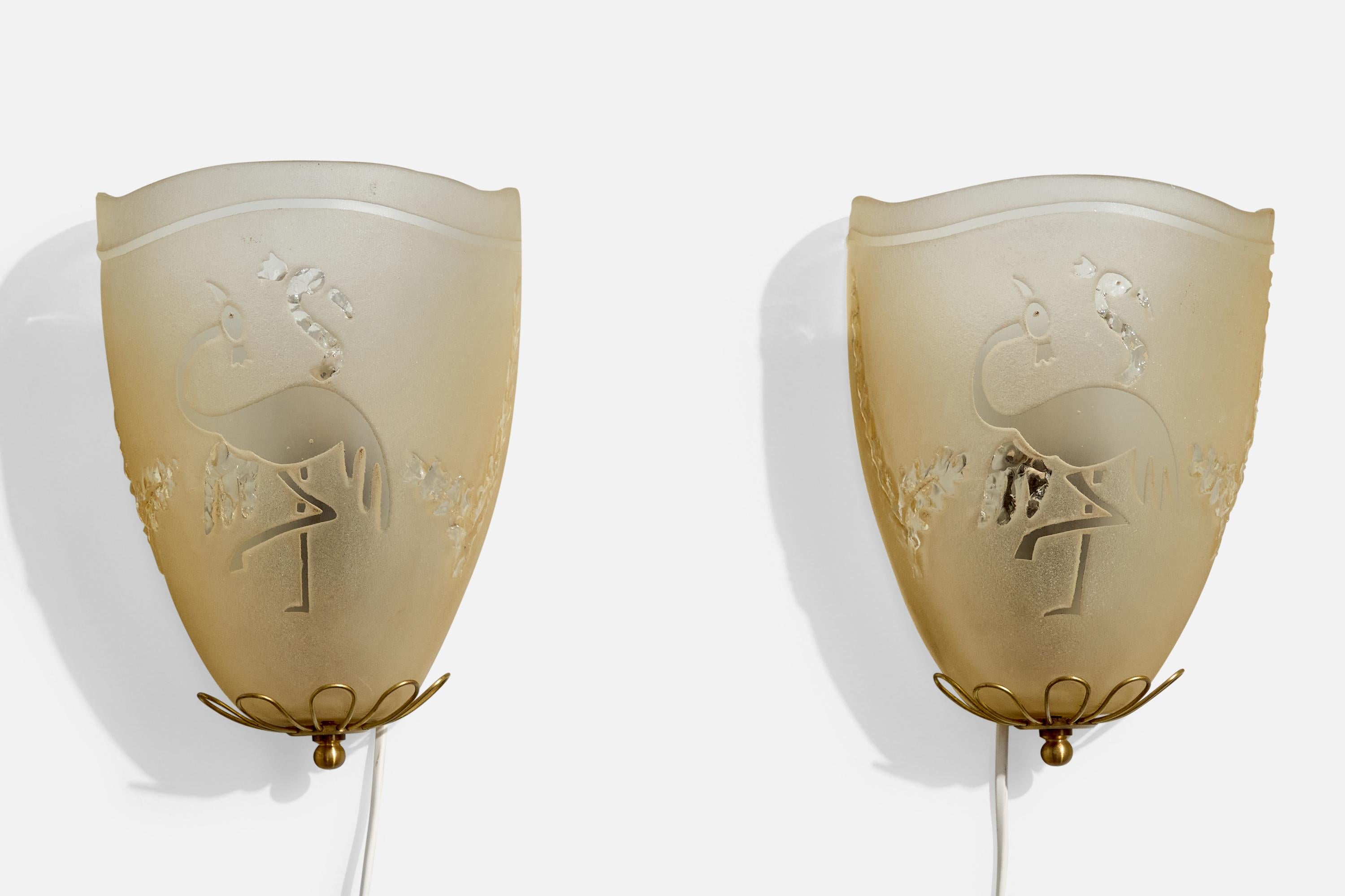 Scandinavian Modern Swedish Designer, Wall Lights, Brass, Glass, Sweden, 1940s For Sale