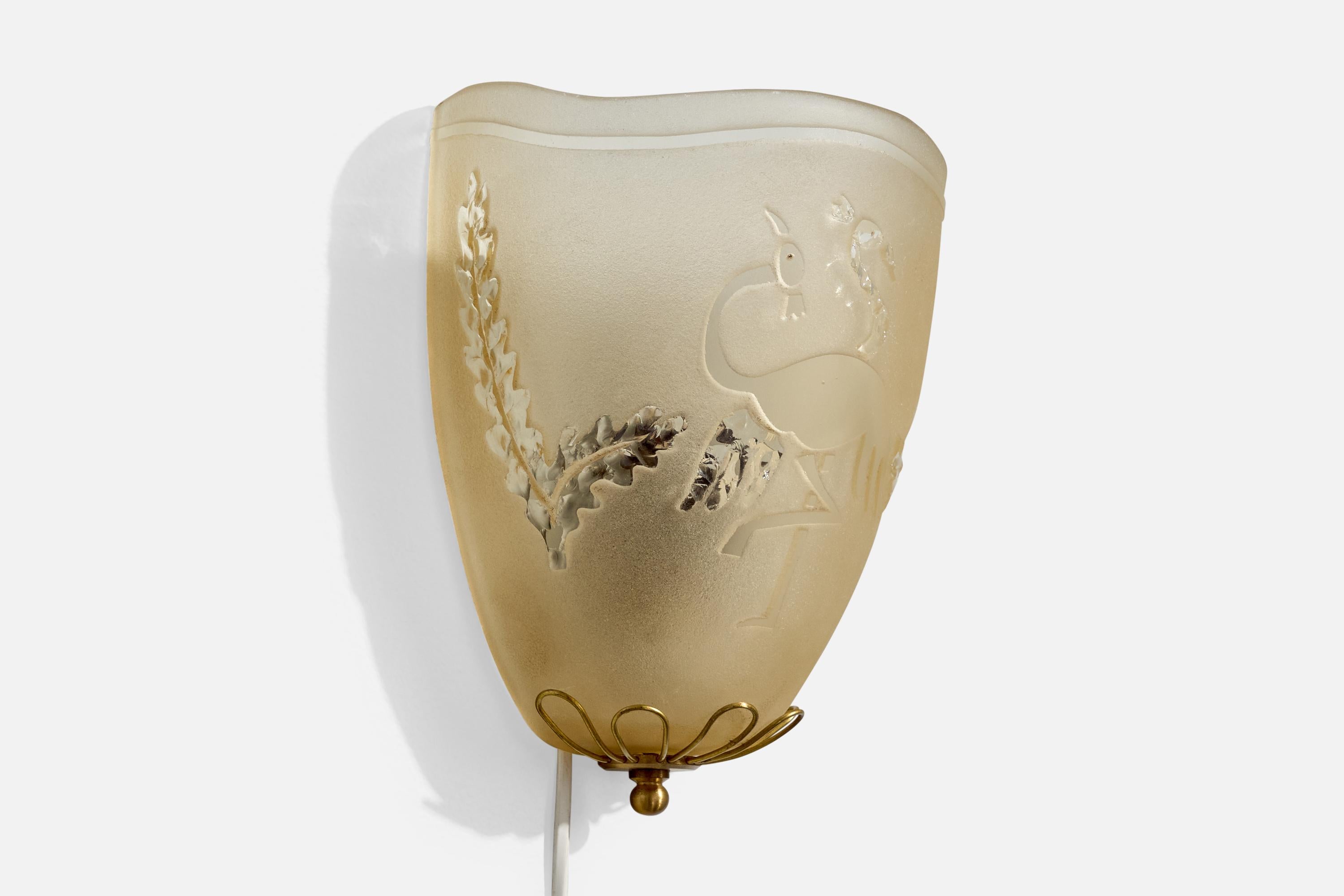 Swedish Designer, Wall Lights, Brass, Glass, Sweden, 1940s In Good Condition For Sale In High Point, NC