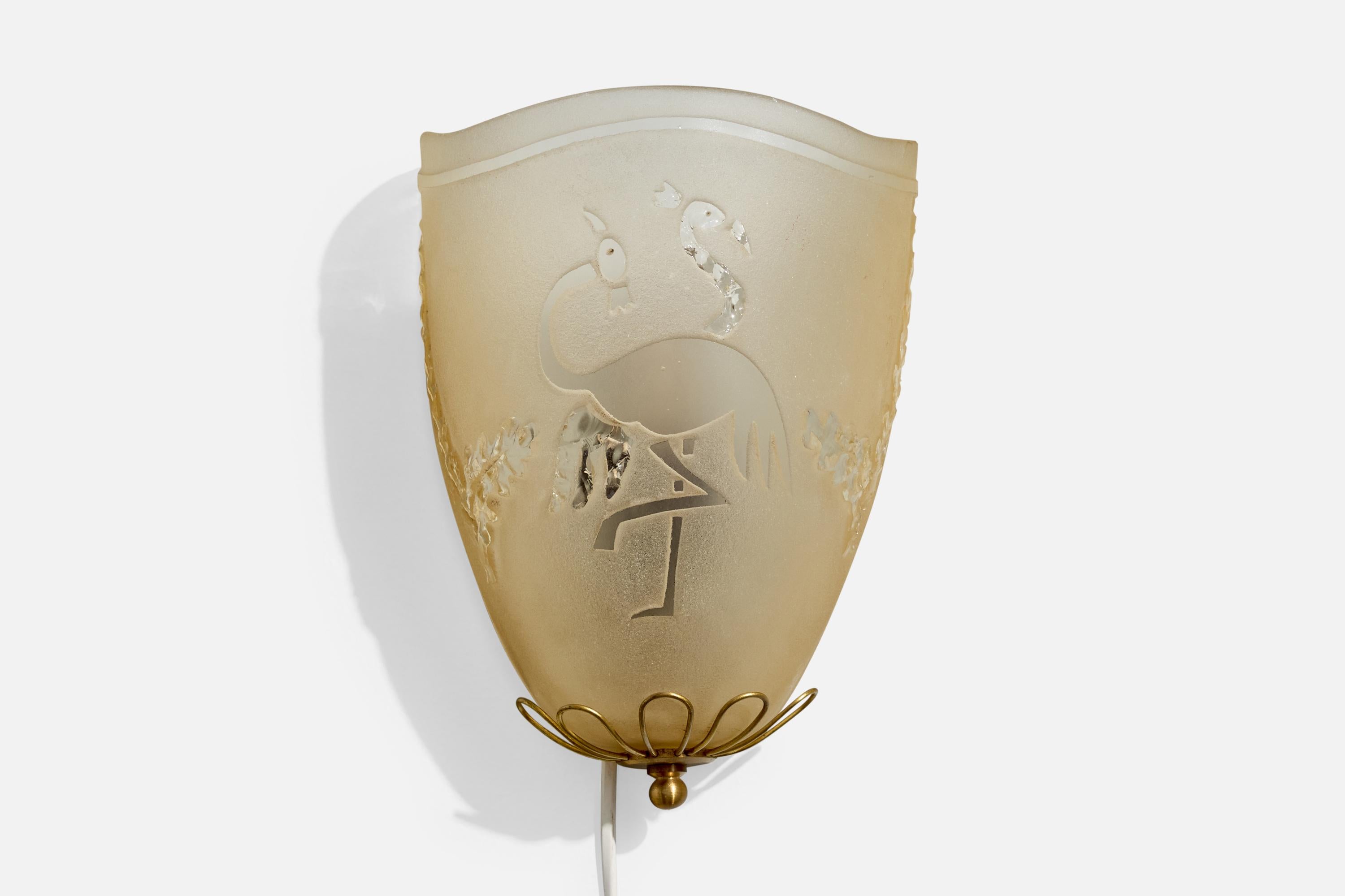 Mid-20th Century Swedish Designer, Wall Lights, Brass, Glass, Sweden, 1940s For Sale