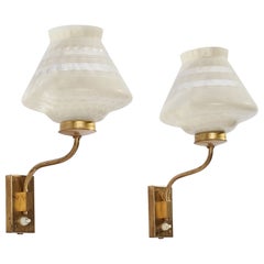Swedish Designer, Wall Lights, Brass, Glass, Sweden, 1940s