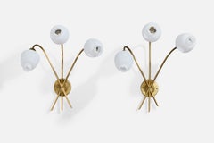 Swedish Designer, Wall Lights, Brass, Glass, Sweden, 1950s