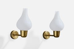 Swedish Designer, Wall Lights, Brass, Glass, Sweden, 1950s