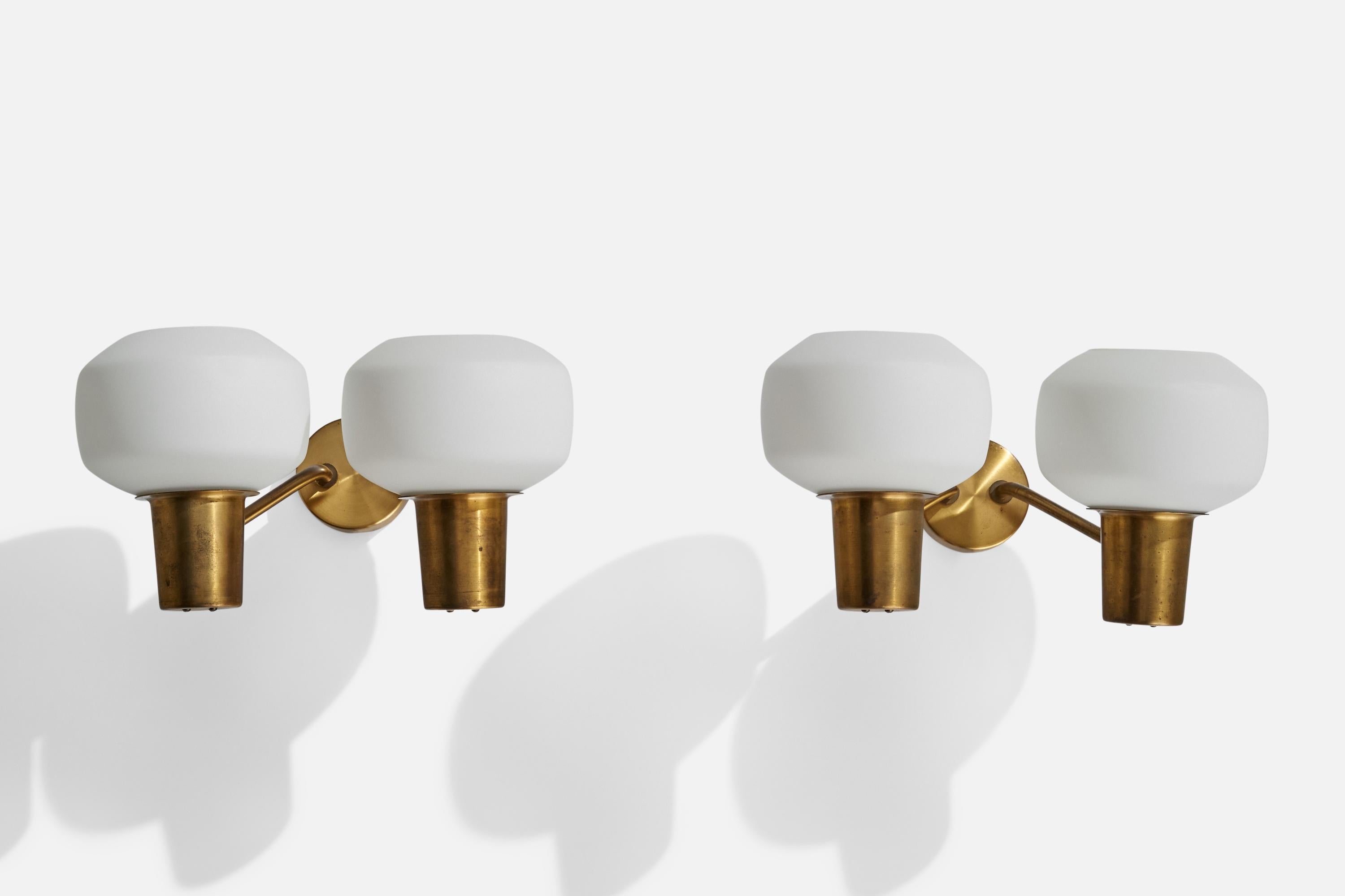 Scandinavian Modern Swedish Designer, Wall Lights, Brass, Glass, Sweden, 1950s For Sale