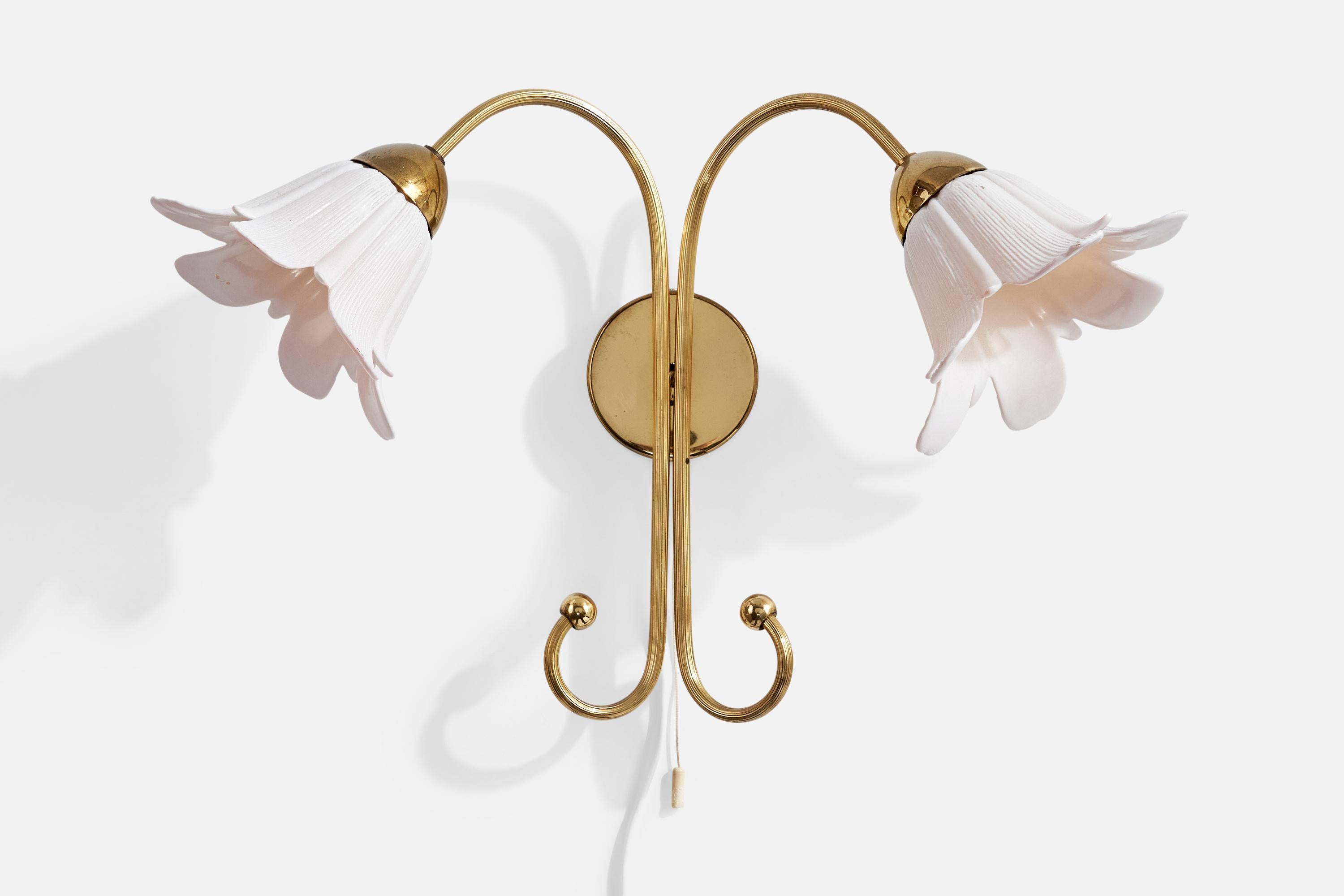 Mid-20th Century Swedish Designer, Wall Lights, Brass, Glass, Sweden, 1950s For Sale