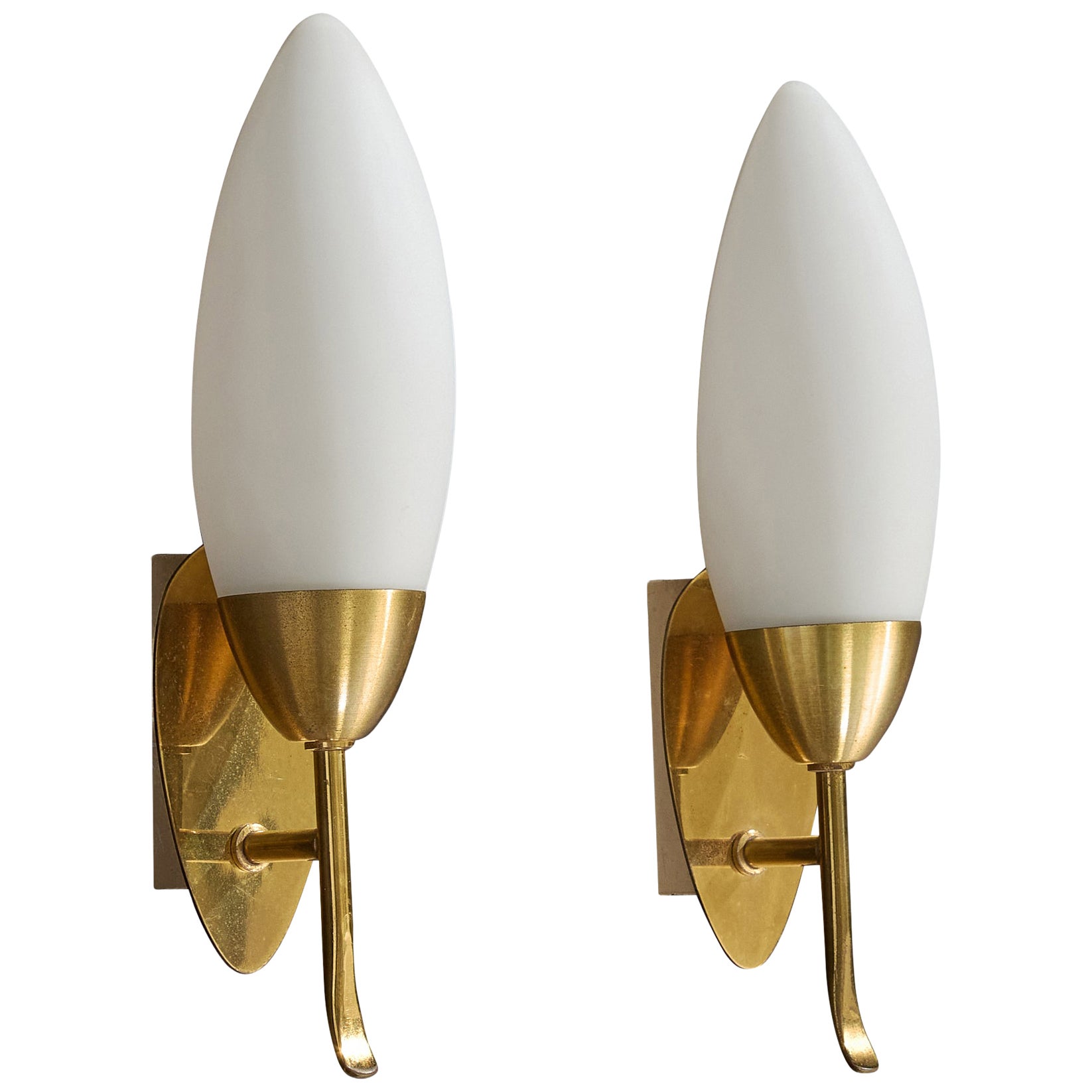 Swedish Designer, Wall Lights, Brass, Glass, Sweden, 1950s For Sale
