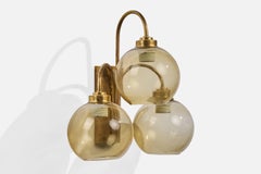 Swedish Designer, Wall Lights, Brass, Glass, Sweden, 1960s