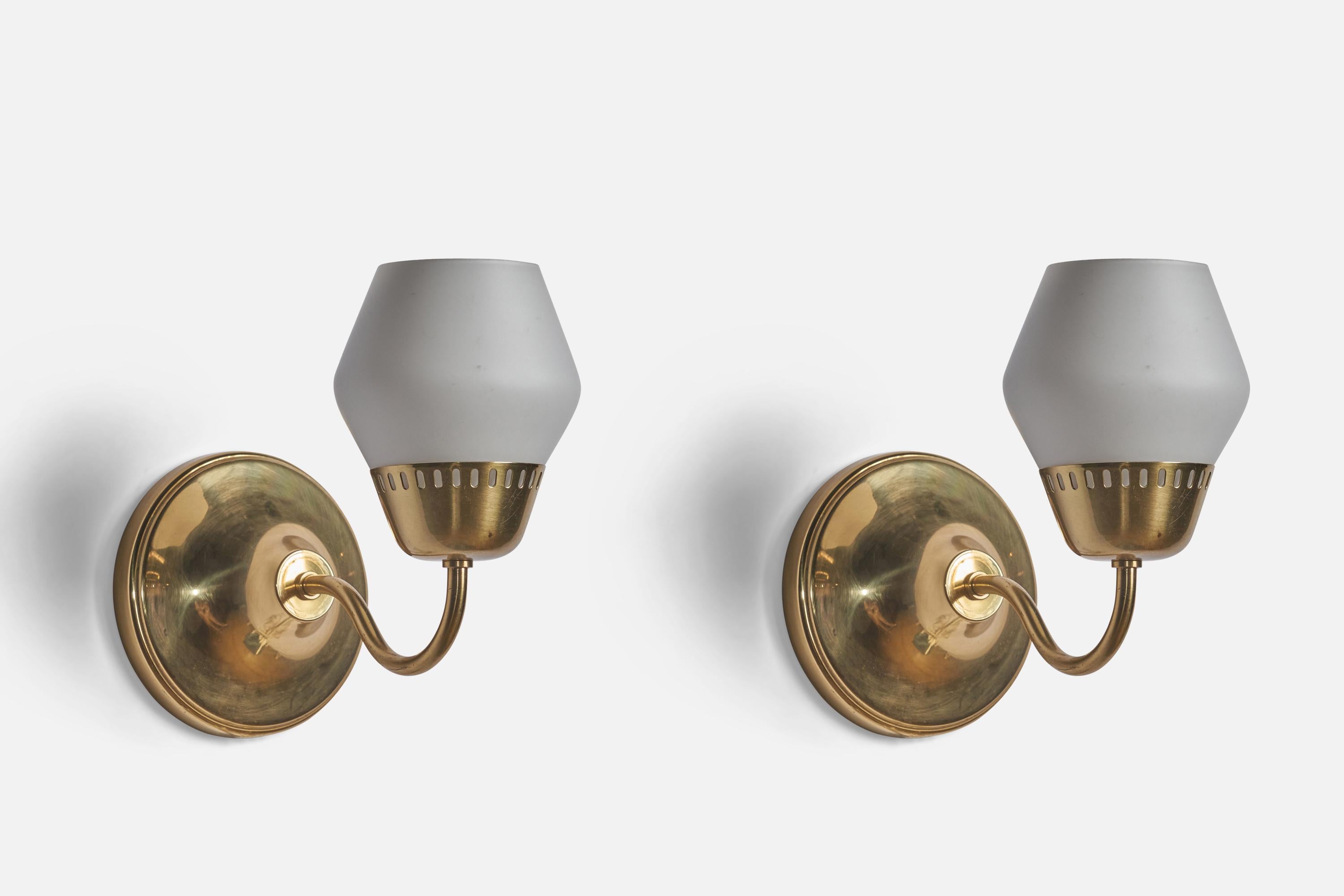A pair of glass and brass wall lights designed and produced in Sweden, c. 1960s

Overall Dimensions (inches): 9.5