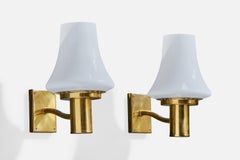 Swedish Designer, Wall Lights, Brass, Glass, Sweden, 1960s