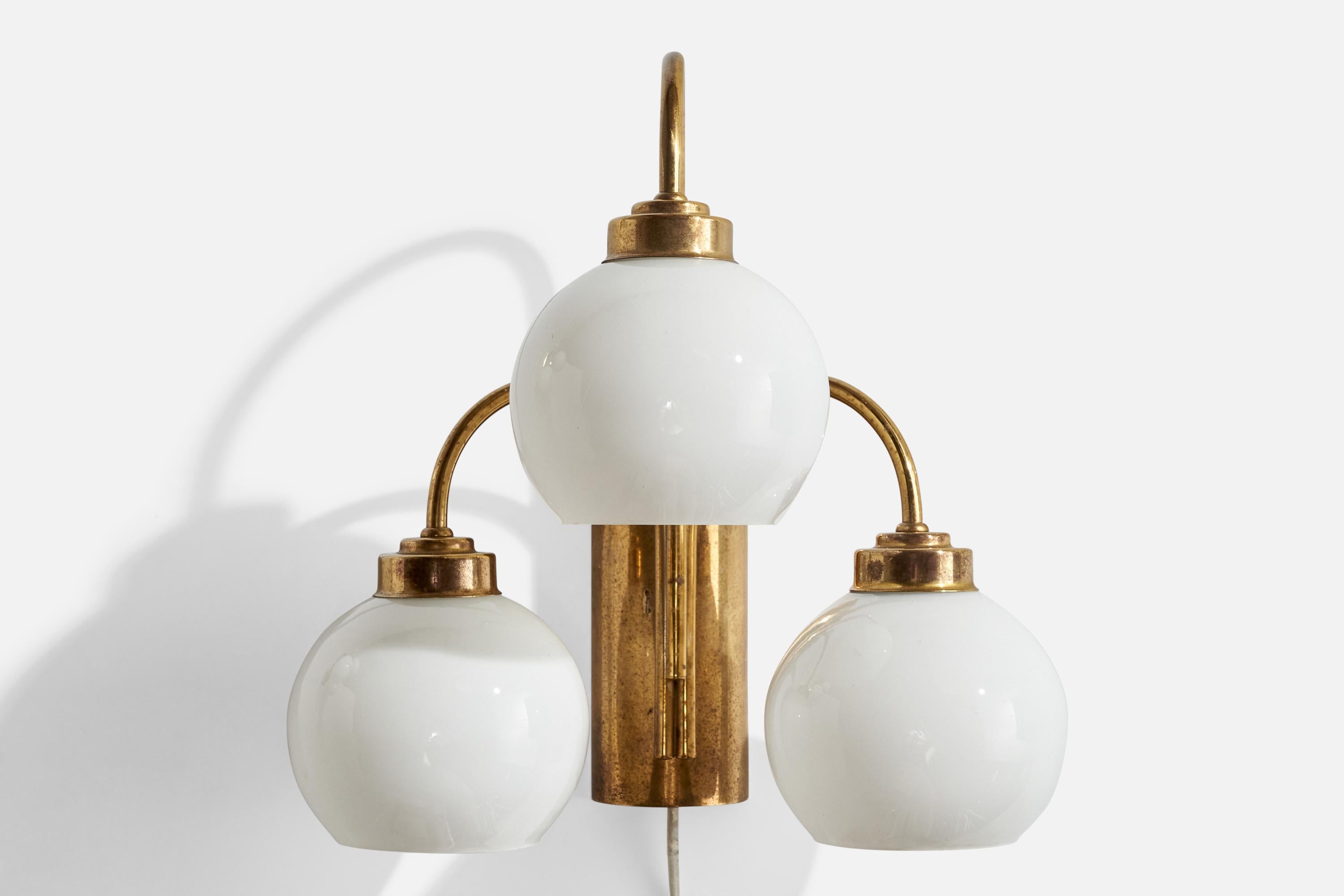 Mid-20th Century Swedish Designer, Wall Lights, Brass, Glass, Sweden, 1960s For Sale