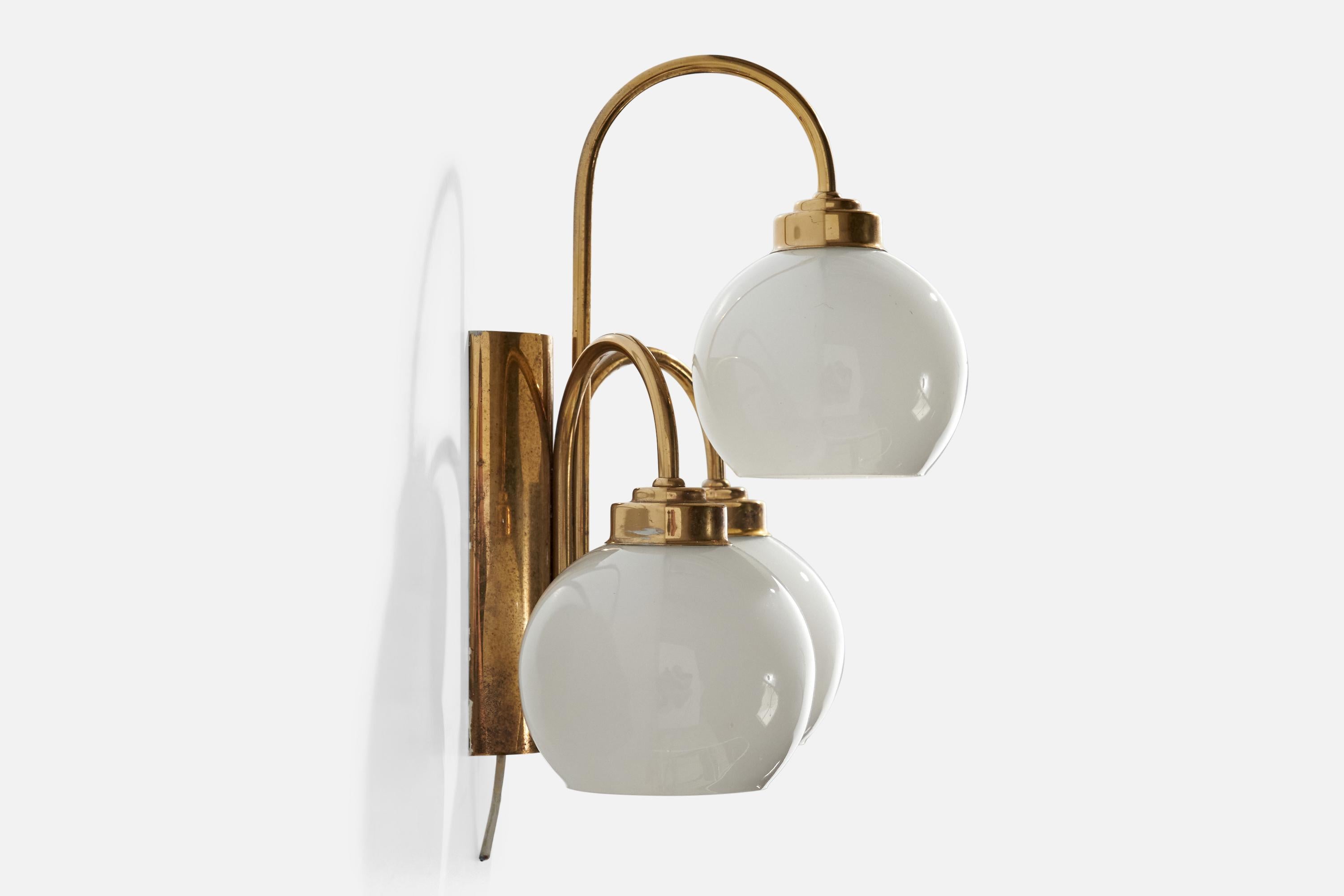 Swedish Designer, Wall Lights, Brass, Glass, Sweden, 1960s For Sale 2