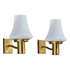 Swedish Designer, Wall Lights, Brass, Glass, Sweden, 1960s