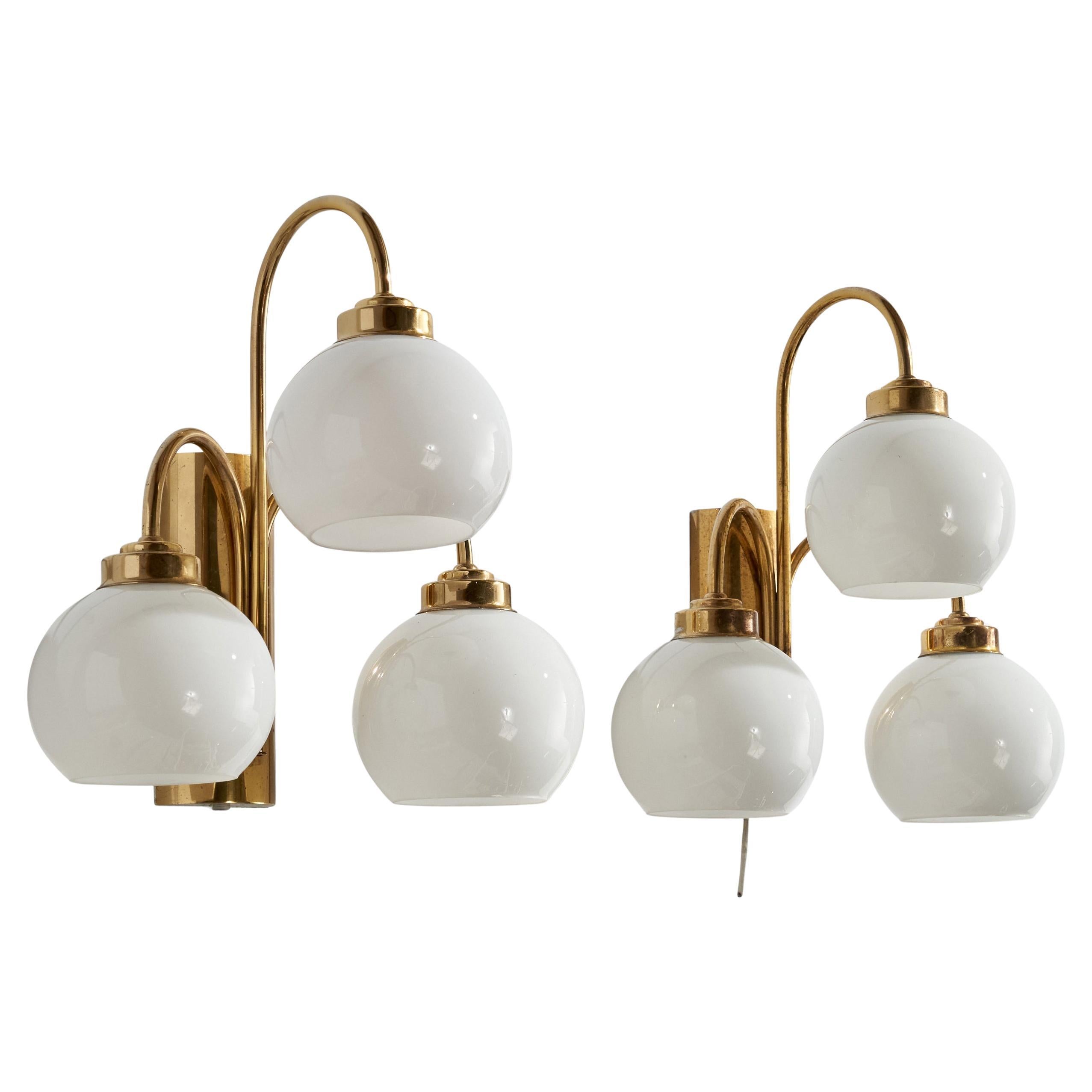 Swedish Designer, Wall Lights, Brass, Glass, Sweden, 1960s