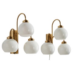Swedish Designer, Wall Lights, Brass, Glass, Sweden, 1960s